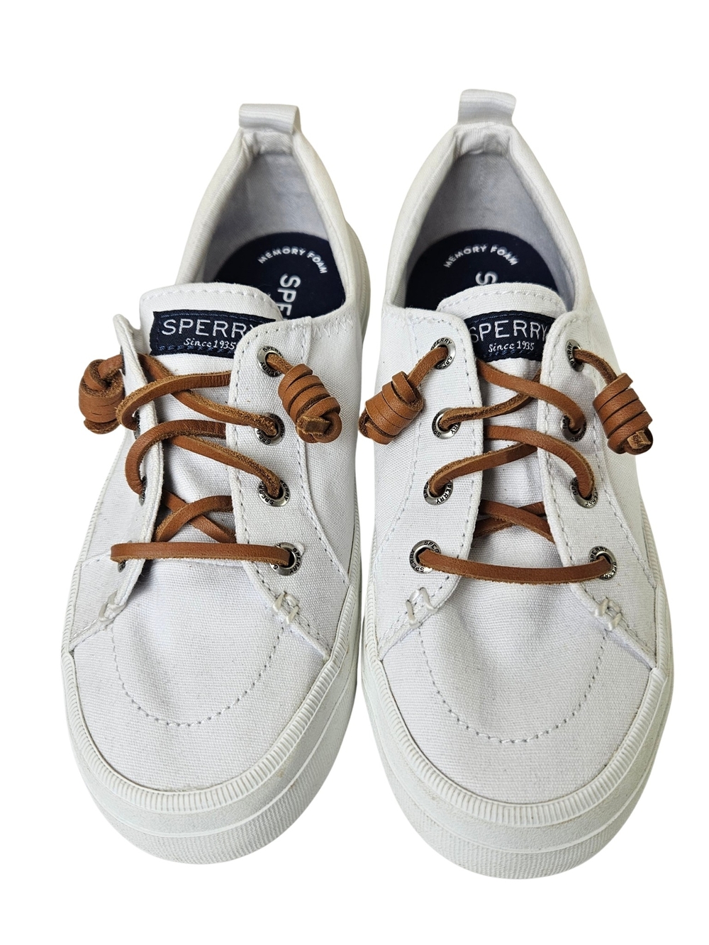 Sperry Crest Vibe White Canvas Sneakers Brown Leather Laces Women’s 5